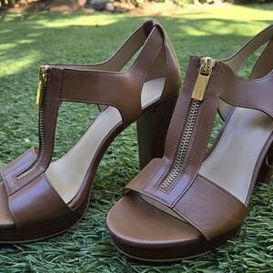 Michael Kors Tan Leather Heels with Gold Zipper